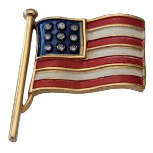 Trifari Red White Blue Enamel Clear Rhinestone US Flag Brooch Pin, Signed E711